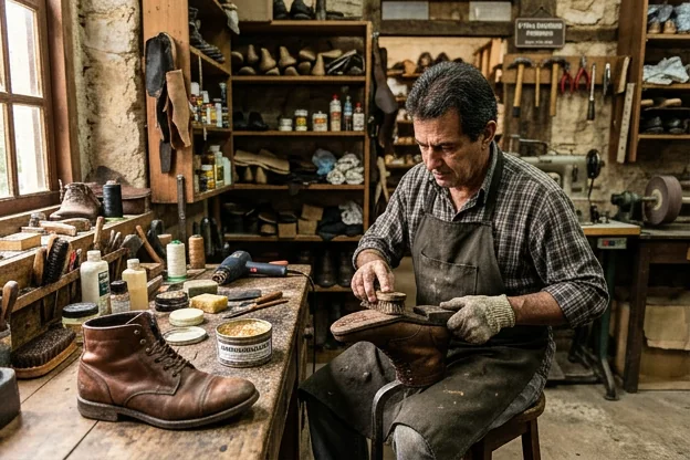 Sapateiro demonstrando impermeabilização de calçados em Petrópolis.
